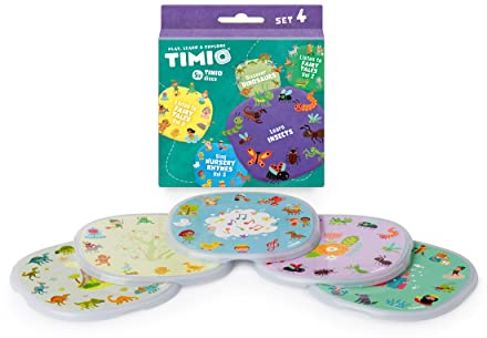 TIMIO Disc Set # 4 : 5 disques Audio pour Le Lecteur TIMIO | Apprendre 96 comptines Vol. 3, 12 Contes de fées Vol.2, 12 Contes de fées Vol. 3, Dinosaures, Petits Insectes | 8 Langues | De 2 à 6 Ans