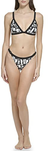 Calvin Klein Women's Low Waisted Elastic Logo Triangle Bikini Set, Black/Soft White, Small