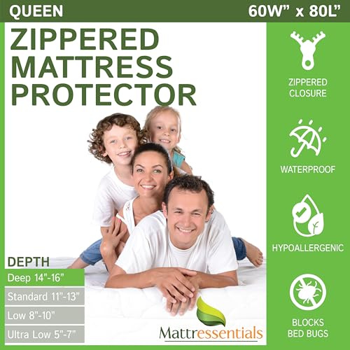 Zippered Queen Mattress Protector (14-16 Depth) - Bed Bug Waterproof Mattress Cover, Premium Quality Hypoallergenic Encasement White