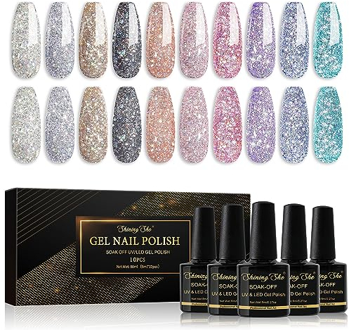 Shining She UV Gel Nagellack Glitzer - 10 Farben Sparkly Shiny Soak-Off UV gel nail polish für Anfänger Kunst Salon DIY - 8ML