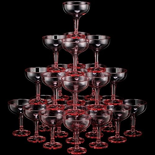 Zopeal 50 Pcs Champagne Glasses 5 oz Unbreakable Plastic Martini Glasses Disposable Wine Cups Stackable Stemmed Champagne Coupe Shatterproof Party Stem Cups for Wedding Birthday Bar (Pink)