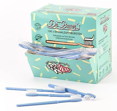 Dr. Bauer's Einmalzahnbürsten mit Zahnpasta, blau, 100er Pack | Nachhaltig, Ideal für Reisen, Zahnärzte, Hotels, Umweltfreundlich mit Strohanteil, Praktische Spenderbox