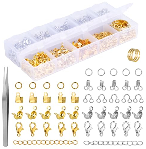 MASPHY Kettenverschluss, 923 Stück Armband Verschluss Set, 100 Stück 12mm Karabinerverschluss, 600 Stück Offene Biegeringe, 120 Stück Perlenspitzen für Halsketten Armband, Schmuck Basteln DIY