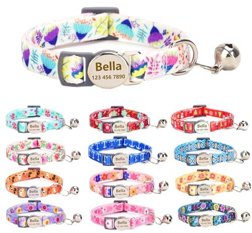 Moonpet Personalisiertes Katzenhalsband mit Namen und Telefonnummer, Katzenhalsband mit Sicherheitsverschluss und glöckchen-Weiße Blume