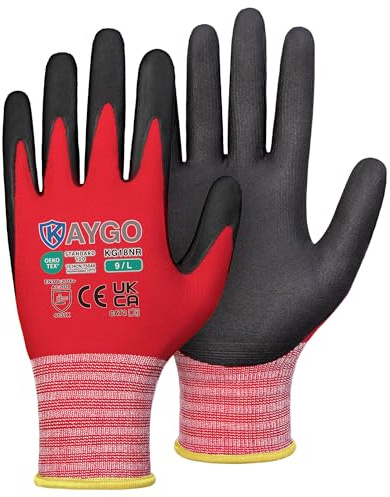KAYGO Safety Work Gloves MicroFoam Nitrile Coated 3 Pairs, KG18NR | 15G Seamless Knit Nylon Liner, Breathable, High Dexterity, Non-Slip Grip in Oily for Warehouse, Automotive, DIY (Red, L)