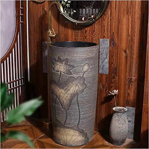 Vanity Unit with Basin,Bathroom Basin Sink with Full Pedestal, Pedestal Sink Handcrafted Ceramic wash Basin Pedestal washbasin Kaolin Clay Round Freestanding Sink with Drain & Fauc