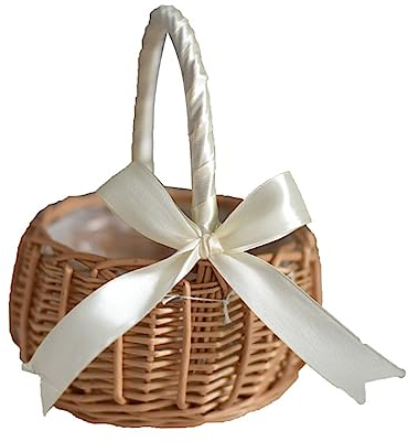 Flower Girl Basket for Weddings - Wicker With Handle and Ribbon, Woven Storage for Flowers, Cookies, Candy - Xmas Easter Party Home Garden Decor (Small, White)