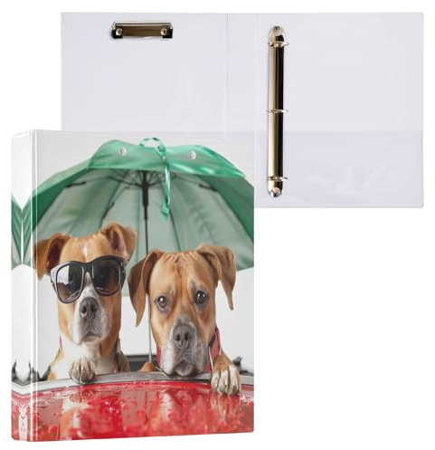 Two Dogs Driving Red Car 3-Ring-Ordner, 3,8 cm, hält 200 Blatt, niedlicher Ordner mit drei Ringen, langlebig, Basisordner für Schule, Bürobedarf, 1 Packung