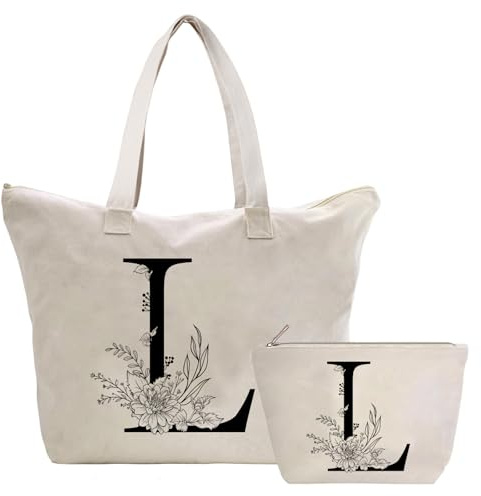 Personalizzata Iniziali Borsa Tote in Tela Donna, Cotone Tote Bag Borsa Shopper e Cosmetica Borsa, Idea Regali per Amica, Collega, Mamma, Regalo di Compleanni, Nozze, Natale L