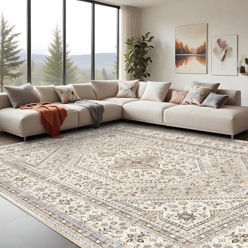Puino 10x14 Washable Vintage Rug: Oriental Rugs for Living Room Non Slip Backing Stain Resistant Large Indoor Carpet for Bedroom Area Rug Dining Room Decor(Beige,10x14FT)