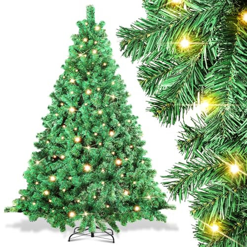 Jiubiaz Künstlicher Weihnachtsbaum mit Beleuchtung, 210cm PVC Tannenbaum mit 1200 Spitzen inkl. Metallständer und 400 Warmweißen LED, Automatischer Tannenbaum, Schwer Entflammbar