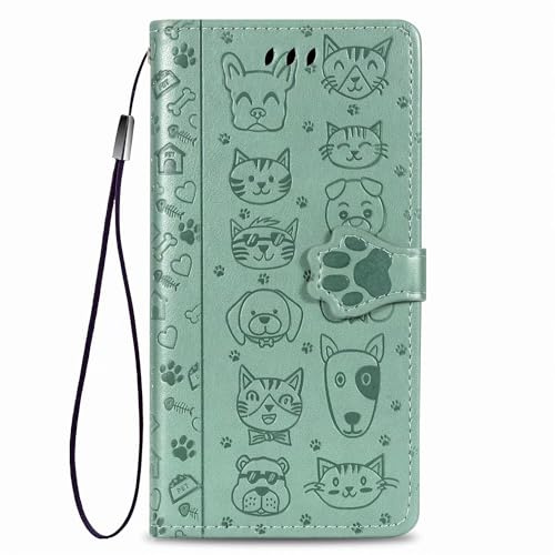 Handyhülle für TCL 505 Hülle Katze Hund Premium Leder PU Flip Case Magnetisch Kartensteckplätzen Klapphülle Wallet Lederhülle Bumper Schutzhülle für TCL 505 Tasche Grün