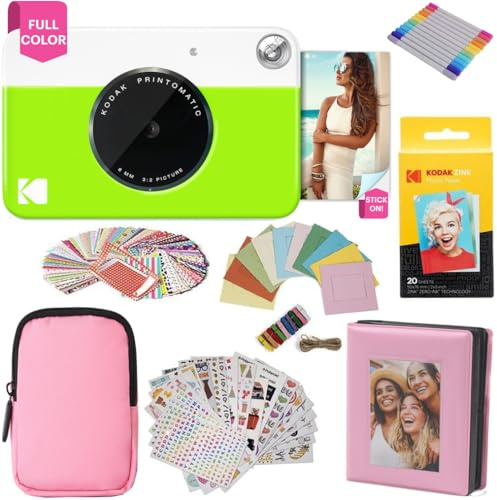 KODAK Printomatic Appareil Photo à Impression instantanée + étui Souple + Papier Photo Zink 2x3 20pk + Album + Autocollant + Cadres Autocollants + Cadres Suspendus + marqueurs - Vert