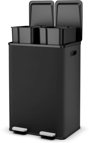 GOPLUS Abfalleimer Edelstahl, 2x30L Mülleimer geruchsdicht aus Edelstahl mit Deckel, Griffe & Desodorierungsfach, Müllbehälter für Küche, Büro & Wohnzimmer (Schwarz)