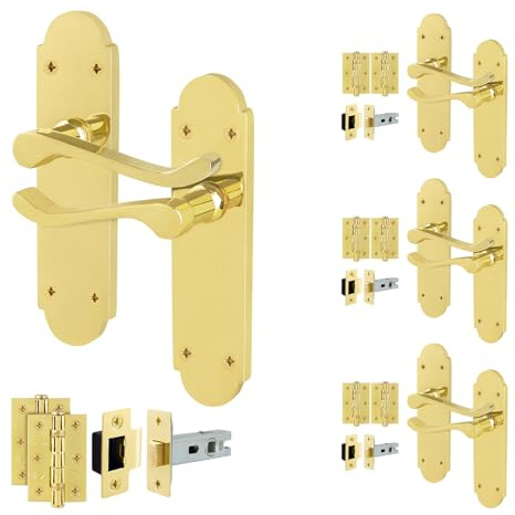 EAI Polished Brass Door Handles with Latch 64mm and Hinges, 4 Pack | Complete Latch Kit with 4 Pairs of Victorian Scroll Lever on Backplate Door Handles, 64mm Latches, Hinges, Fixings Included