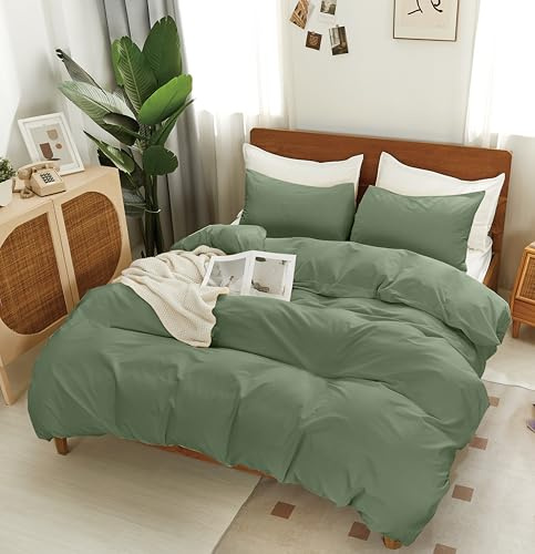 SDAPNAY Green Cotton Duvet Cover Queen Set 3 Pieces, 1 Duvet Cover 90x90 (Comforter Not Included) and 2 Pillowcases,4 Ties and Zip Closure, Soft and Breathable, Green,Queen
