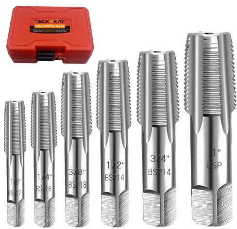 6-Piece BSP Pipe Tap Set, Precision Carbon Steel Tap Set for Clean Accurate Threads, 1”, 3/4, 1/2, 3/8, 1/4, 1/8 NPT Tap, Perfect for Plumbers Mechanics DIYers, with Durable Plastic Case