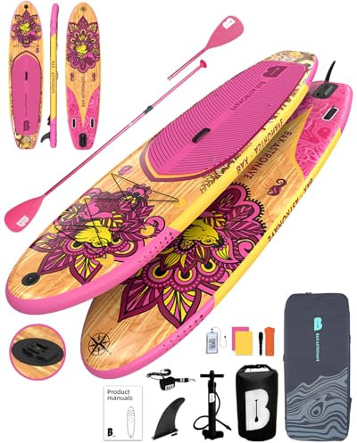 BAX ASTRONAVE Stand Up Paddling Board Pink Aufblasbares,SUP Board 335x81x15cm,Tragkraft bis 150Kg,Cam Halterung,Verstellbares Doppel-Paddel,Finnen,Komplettes Zubehör