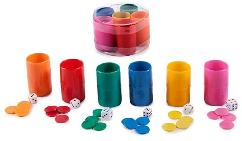 Lot de 6 seaux en plastique pour parchis et oie avec dés et jetons, multicolore