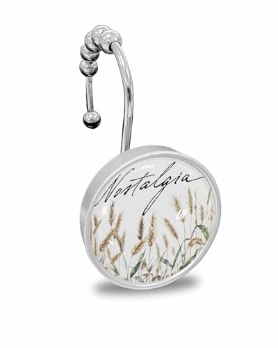 Shower Curtain Hooks Set of 12, Fall Wheat Plant Flower Pattern Crystal Glass Showers Curtains Rings, Bathroom Decorative Rod Stainless Steel Rust Proof Roller Hangers Hook