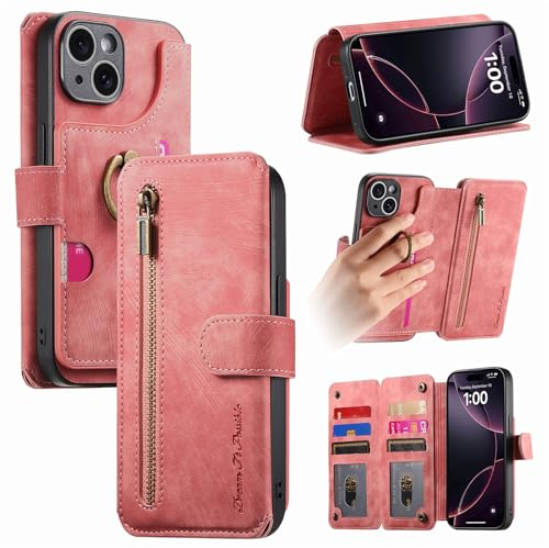 Trugox Zip Wallet Case for Apple iPhone 15 Phone Case with Ring Stand RFID Blocking Safe Card Holder Leather Purse Folio Book Folding Flip Case Cover Women Men - Pink
