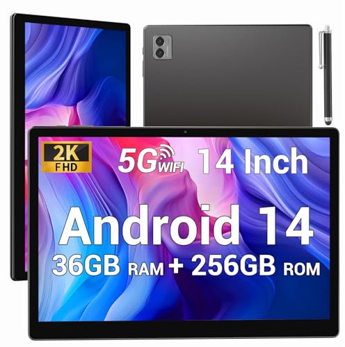 BEYNIVAN Tablet 14 Pulgadas Android 14 Tableta 5G WiFi,11580mAh y 20W,36GB RAM+256GB ROM/2000 * 1200 incell FHD/Face ID/GPS/BT 5.0/TÜV/USB-C,Tablet con Lapiz,Gris