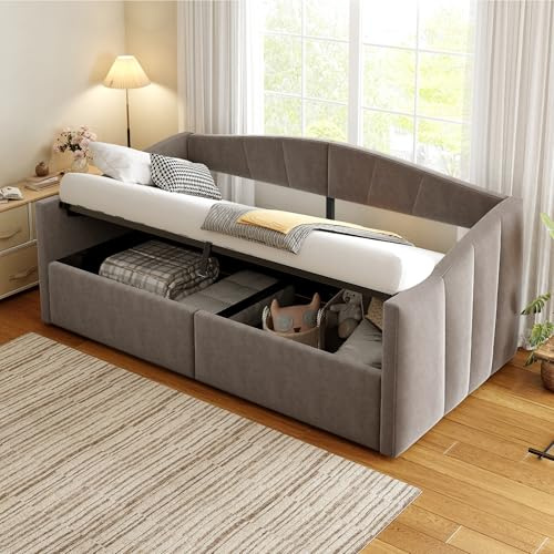 Polsterbett Tagesbett 90x200 cm, Einzelbett mit hydraulischem Stauraum und Lattenrost, Stauraumbett Jugendbett Kinderbett Bettgestell Schlafsofa Sofabett Gästebett, Samtstoff, Ohne Matratze, Grau