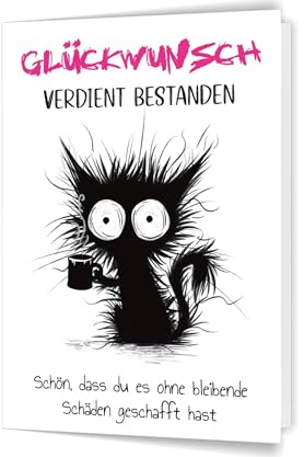 PICTALOO Glückwunschkarte zur bestandenen Prüfung – mitgenommene Katze – lustige Grußkarte zum Abitur, Schulabschluss, Examen, Führerschein, Ausbildung, Bachelor, witzige Karte Geschenk Abi (v2)