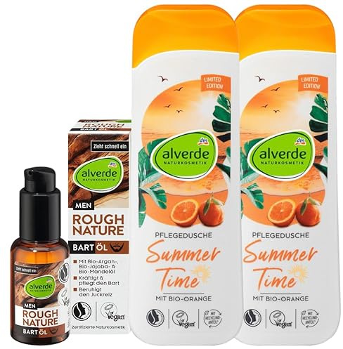 alverde NATURKOSMETIK 3er-Set Hautpflege: MEN Bartöl ROUGH NATURE kräftigt & pflegt Barthaar ohne zu fetten, beugt Spannungsgefühlen vor, 30 ml + Duschgel SUMMER TIME mit Orange, 2 x 250 ml (530 ml)