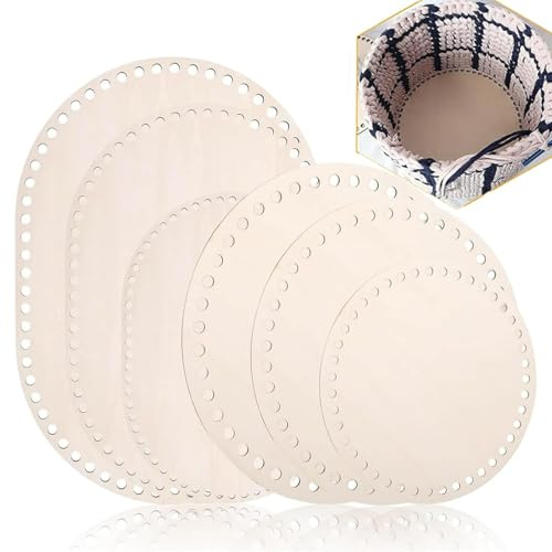 Häkelboden Set 6-tlg, Holz Basket Bastelzubehör, Oval & Rund Häkelunterlagen, DIY Körbe Häkeln, Naturholz Häkelböden mit Lochung