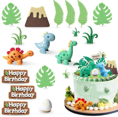 Dinosaur Cake Toppers Dinosaur Eggs Leaves Grasses Cake Decorations with Happy Birthday Sign Cake Toppers for Safari Animal Themed Birthday Party Supplies 18PCS