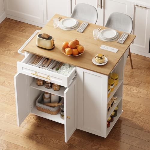 STHYTON Isla de Cocina con Encimera Extensible, Carrito de Cocina Móvil con Estación de Carga, Ruedas Dobles con Freno, Estante Ajustable y Cajón, para Espacios Pequeños, Blanco y Natural/Blanco