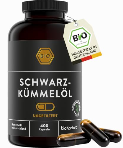 bioKontor – BIO Schwarzkümmelöl Kapseln 400 Stück – UNGEFILTERT – 3000mg | 2-Monats-Vorrat – 3000mg Tagesdosis – Schwarzkümmelöl Bio kaltgepresst – ägyptisches Schwarzkümmel Öl – deutsche Herstellung