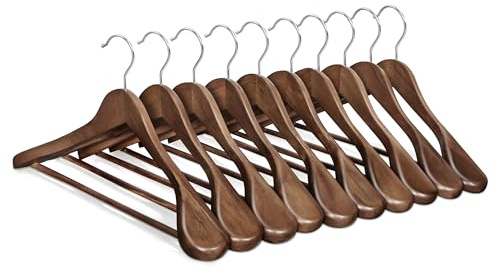 SONGMICS Extra Wide Wooden Suit Hangers, Set of 10 Clothes Hangers, Swivel Hooks, Non-Slip Bars, for Outfits, Suits, Coats, Shirts, Dresses, Walnut Color UCRW050KZ01