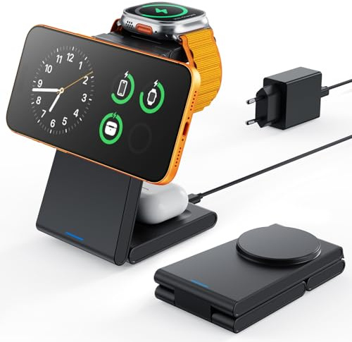 GEEKERA Ladestation für Apple Watch und iPhone: Faltbare Ladestation kompatibel mit MagSafe iPhone Air/17/16/15/14/13/12, Reise Induktionsladegerät für iWatch 11-2 und AirPods, Mattschwarz