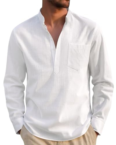 J.VER Leinenhemd Herren Langarm Baumwolle Henley Regular Fit Freizeithemd | mit Brusttasche, Sommerhemd, Atmungsaktiv, Comfort, Leicht, Strand, Outdoor, Urlaub, Büro, Beach, Party, Festival, S-4XL