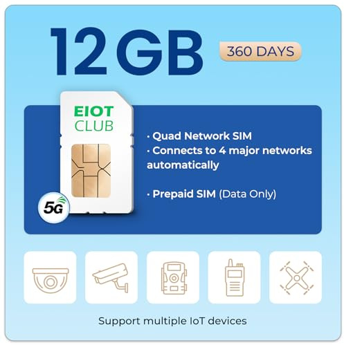 EIOTCLUB IoT Data SIM Card 12GB 360 Days, Quad Network (compatible with Vodafone, O2, EE, Three) 4G LTE/5G | Data Only, No Contract | ForSecurity Camera, Trail Camera, Router & Alarm Systems