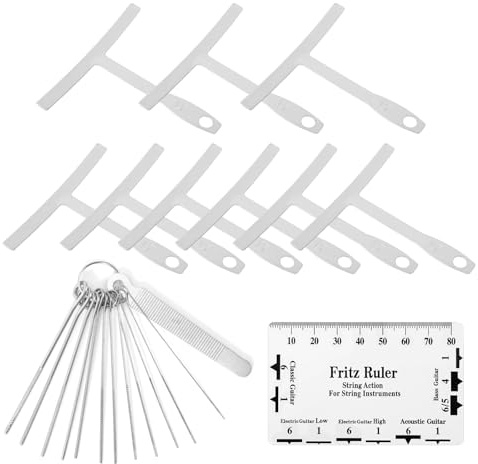 11pz Kit de Herramientas para Guitarra Luthier, Incluye 9 Medidor Radio Guitarra Regla 1 Regla Medidor Acción Cuerda y 1 Limas por Cejuela para Reparación de Bajos