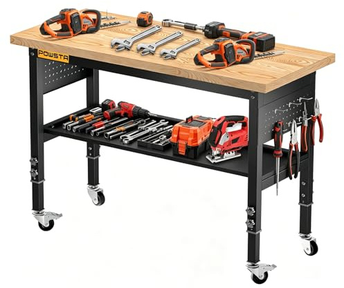 120cm Verstellbare Werkbank aus Gummibaumholz, 900 kg Tragfähigkeit | zweistufig mit schwenkbaren Rollen, Lochwand und 6 Haken, als Arbeitstisch für Garage, Werkstatt, Büro, Haus & Gewerbe