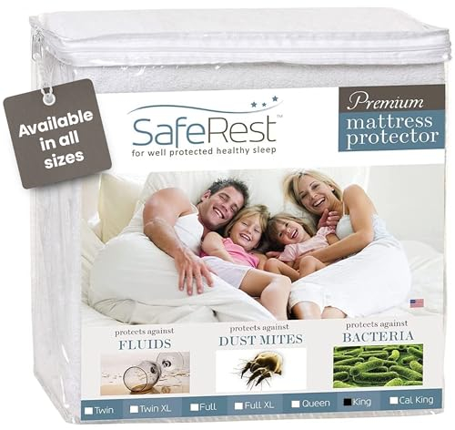 SafeRest Waterproof King Size Mattress Protector - Fitted with Stretchable Pockets - Machine Washable Cotton Blend Mattress Cover for Bed