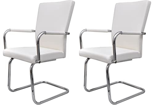 vidaXL Freischwinger 2 STK., Schwingstuhl mit Armlehnen Rückenlehne, Esszimmerstuhl mit Eisenbeinen, Essstuhl Küchenstuhl Stuhl Esszimmer Küche, Weiß Kunstleder