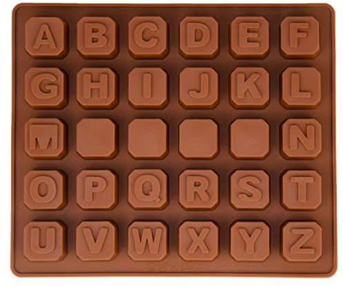BlueFox Silikonform Buchstaben, Alphabet, Eiswürfelform, Pralinenform, Schokoladenform, 17,5 x 14,5 x 1,5cm, Gießform, Eiswürfelform, Beton, Fondant, Backform, Kuchenverzierung, Farbe: Braun