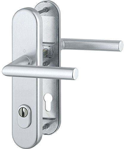 HOPPE 3889714 Sicherheits-Drückergarnitur Amsterdam-Ö-Norm Entfernung 88mm, Aluminium Silber eloxiert, Langschild Profilzylinder für Türstärke 62-72mm, mit Kernziehschutz, Klasse 3, 1 Stück