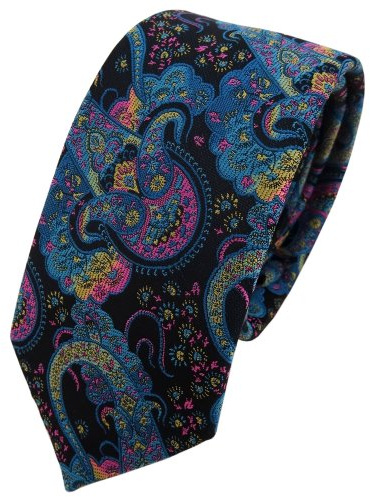 TigerTie - schmale Designer Krawatte in türkis rosa gelb Paisley gemustert