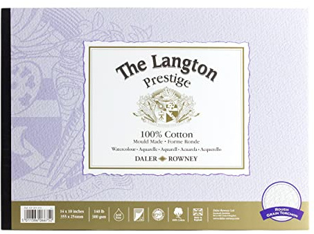Daler-Rowney The Langton Prestige Rough - Bloc de papel de acuarela de 300 g/m², 14 x 10 pulgadas, pegado en 1 cara, 12 hojas blancas naturales, para artistas profesionales y estudiantes