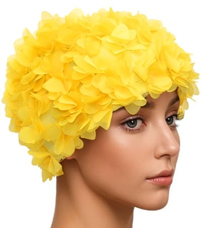 Medifier Badmössa med spets, vintagestil, blommönster, retrostil (gul)