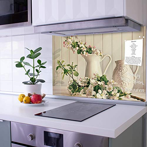 banjado Küchenrückwand Glas ohne Bohren 90x60cm – Glasrückwand Küche mit Motiv Kirschblüten/Spritzschutz Küchenrückwand Glas/selbstklebende Küchenrückwand Platte - magnetisch & beschreibbar