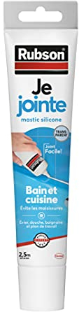 Rubson Je Jointe Mastic Transparent 50 ml, mastic étanche anti-moisissure en tube prêt à l'emploi, mastic silicone durable pour joints sanitaires spécial Bain & Cuisine