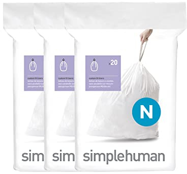 simplehuman CW0262 code N, sacs poubelle sur mesure, 3 x paquet de 20 (60 sacs), plastique blanc