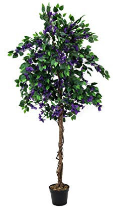 konstväxt-discount.com stort Bougainvillea konstträd 180 cm högt i verklighetstrogna gröna nyanser med äkta trästam och lavendelfärgade blommor i kruka